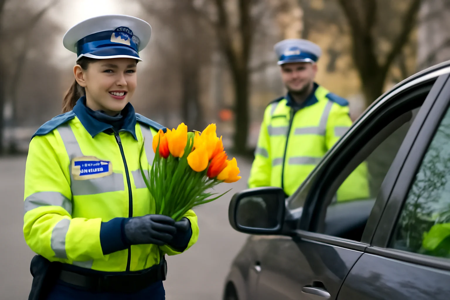 Agentii de circulație din Dolj aduc spiritul primăverii în trafic de Ziua Femeii