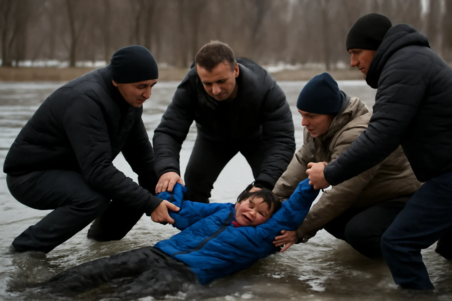 Copil căzut în lacul înghețat din Parcul Romanescu, salvat de mai mulți bărbați la Craiova